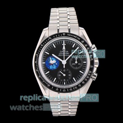 N1 Factory Swiss Clone Omega Speedmaster 50th Anniversary Snoopy Black Dial SS Watch 